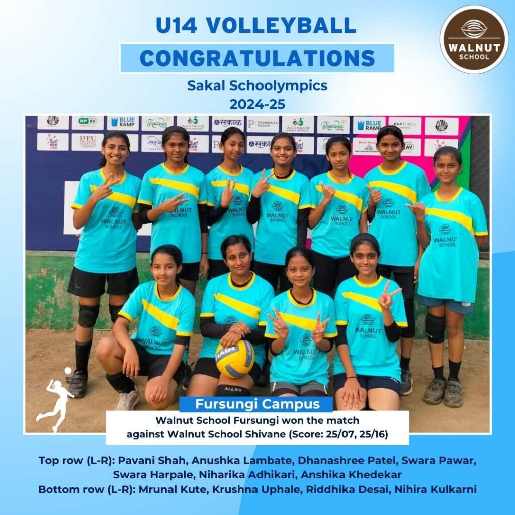 U14 Girls Volleyball team from Walnut School Fursungi in turquoise uniforms celebrating victory
