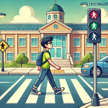 Students practicing road safety while walking
