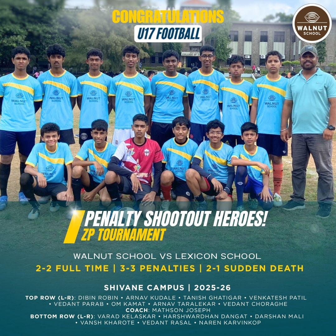 Walnut School U17 team from Shivane Campus celebrating after winning a penalty shootout in the ZP Tournament