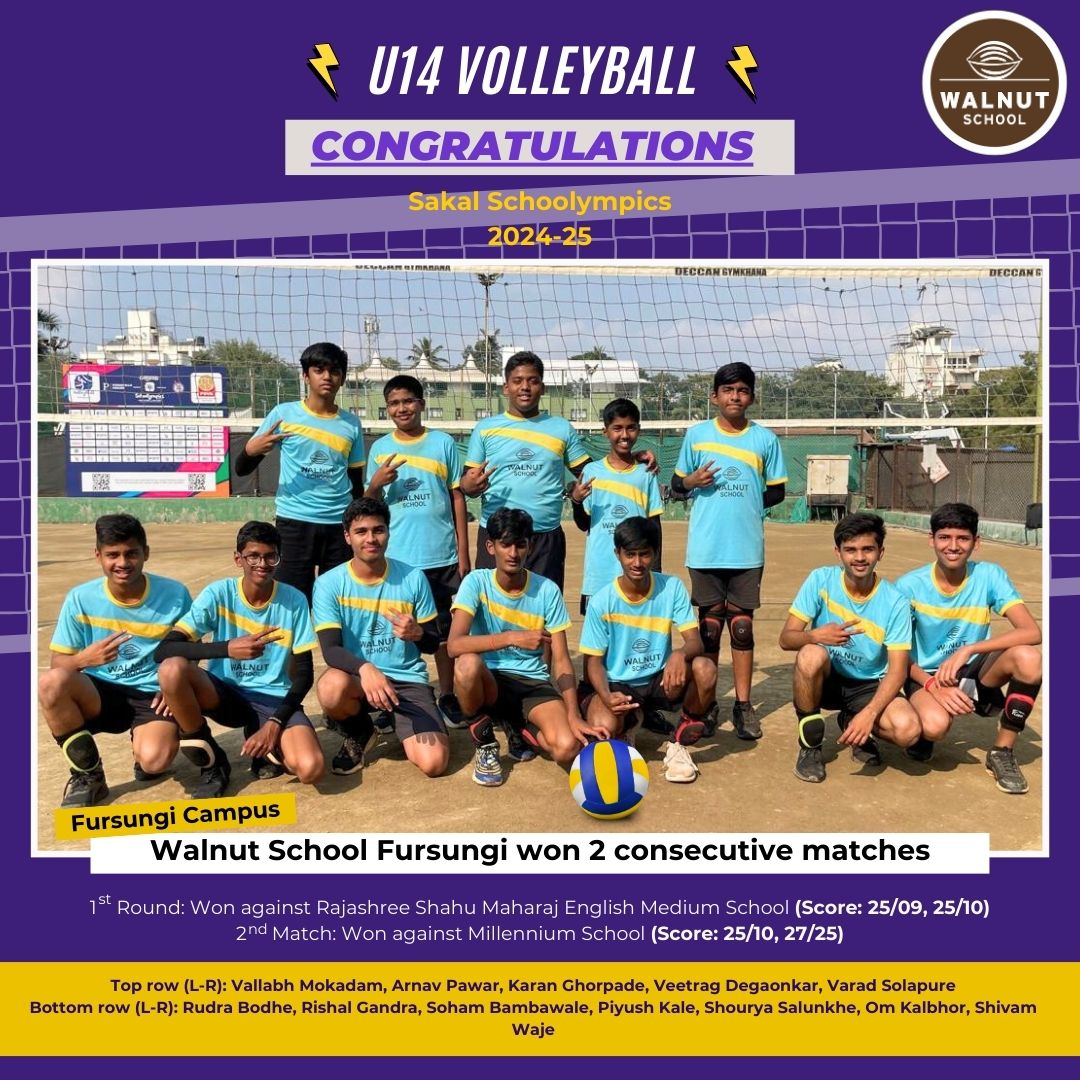 Walnut School Fursungi U14 Volleyball Team wins back to back matches at Sakal Schoolympics