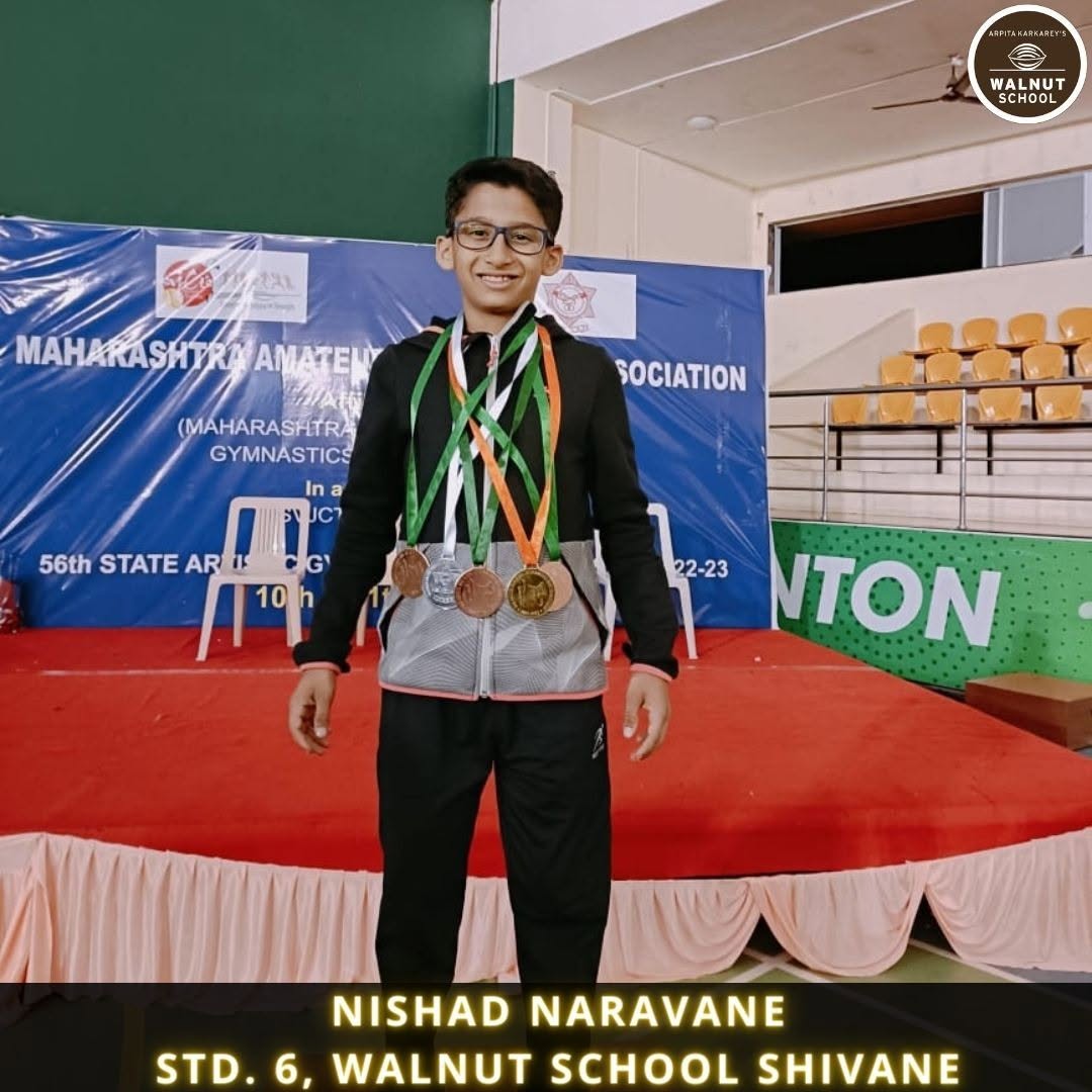 Nishad Naravane of Std. 6, Walnut School Shivane, with multiple medals in Artistic Gymnastics