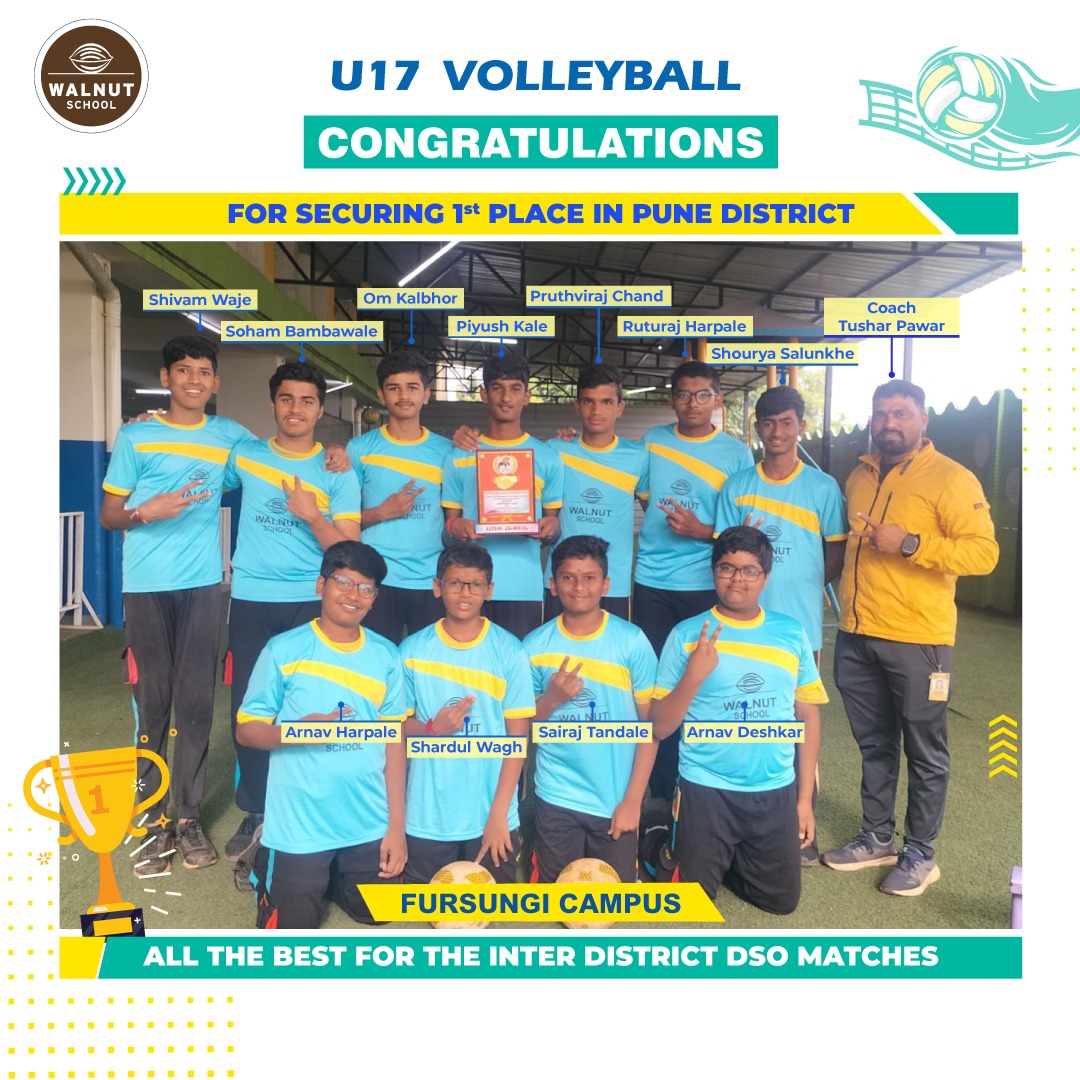 Walnut School Fursungi U17 volleyball team wins Pune District tournament, guided by Coach Tushar Pawar