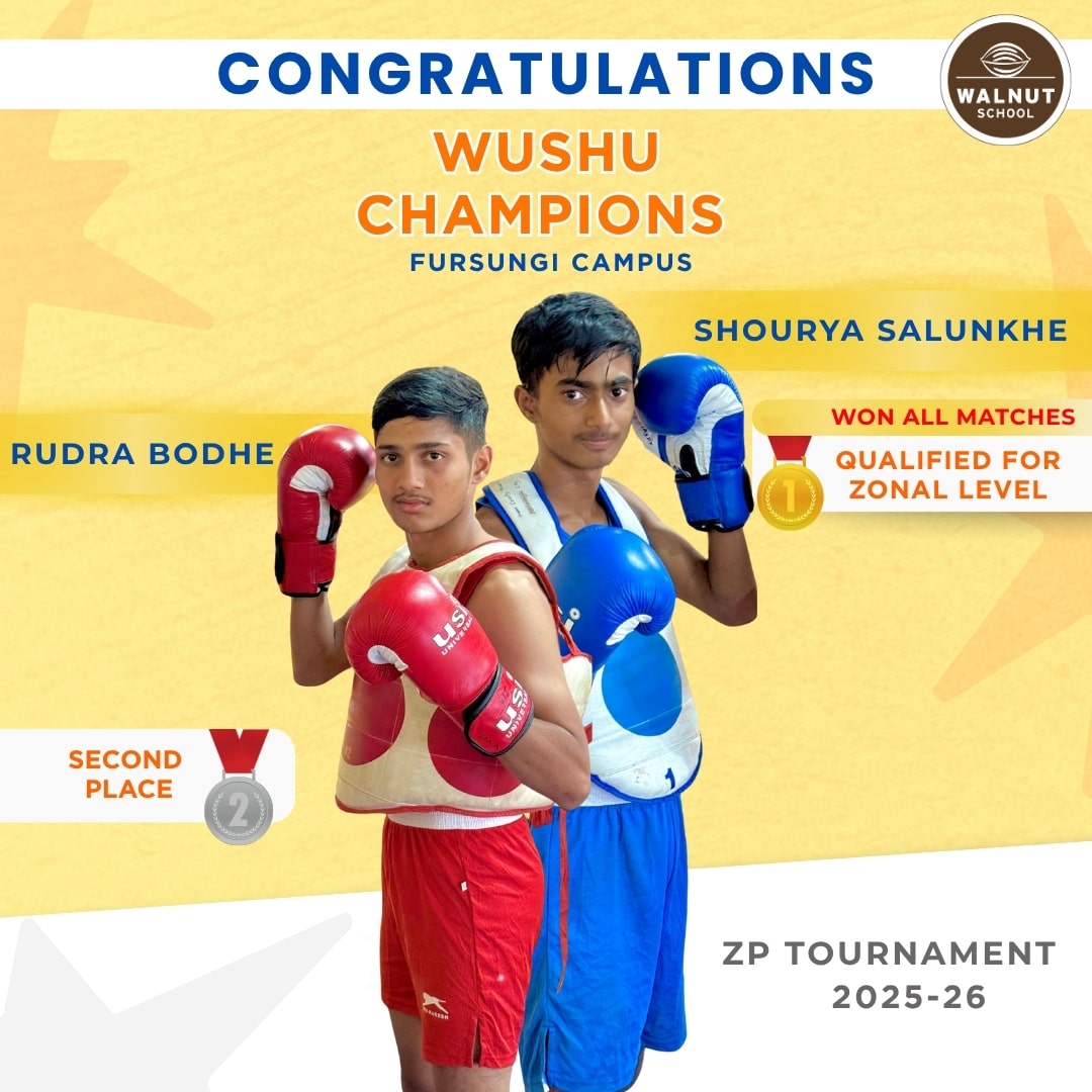 Walnut School Wushu champions Shourya Salunkhe and Rudra Bodhe from Fursungi Campus