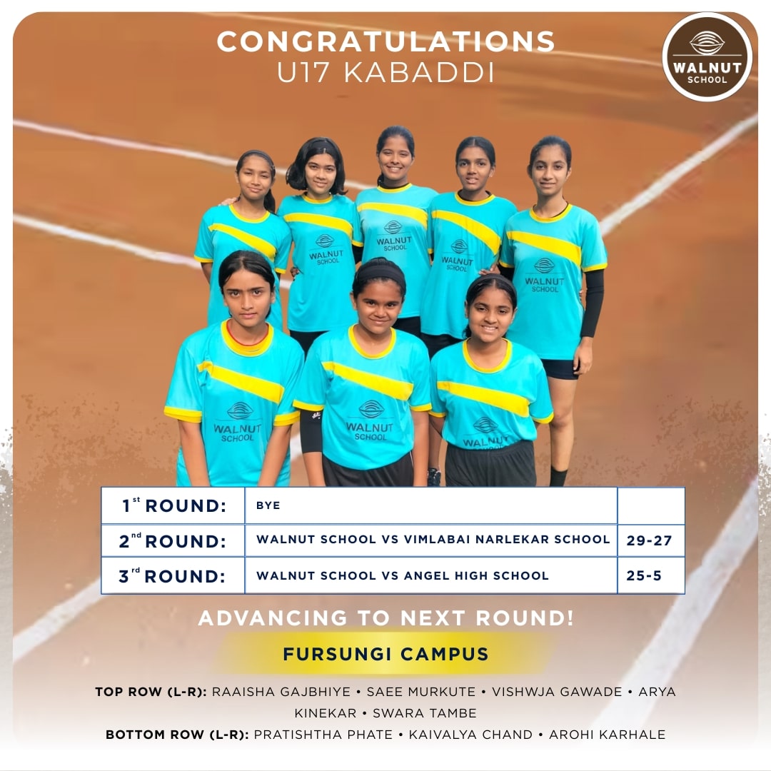 Walnut School Fursungi U17 Kabaddi team wins against Vimlabai Narlekar School and Angel High School in ZP Tournament