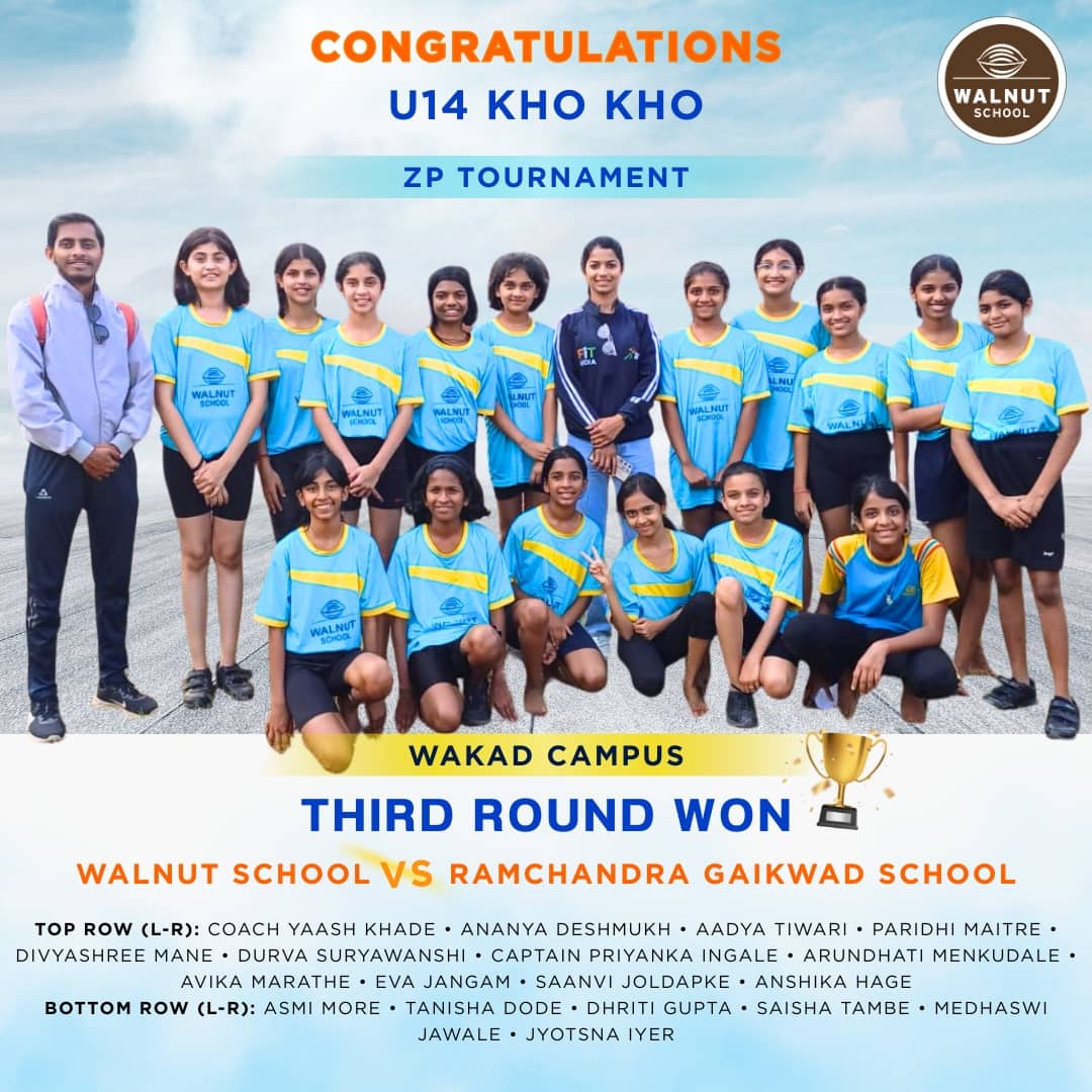 Walnut School Wakad U14 Kho Kho team after third round win in ZP Tournament