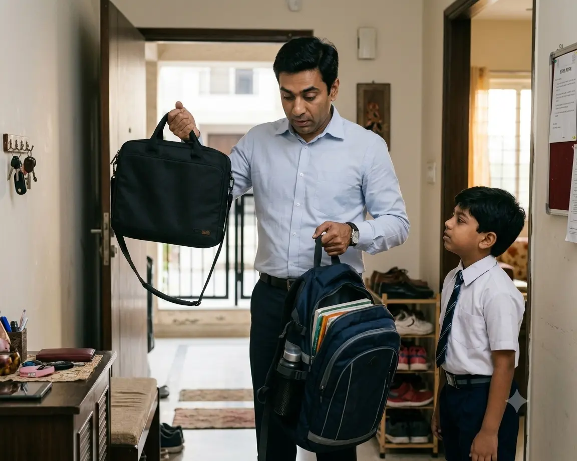 Child carrying heavy school bag to school