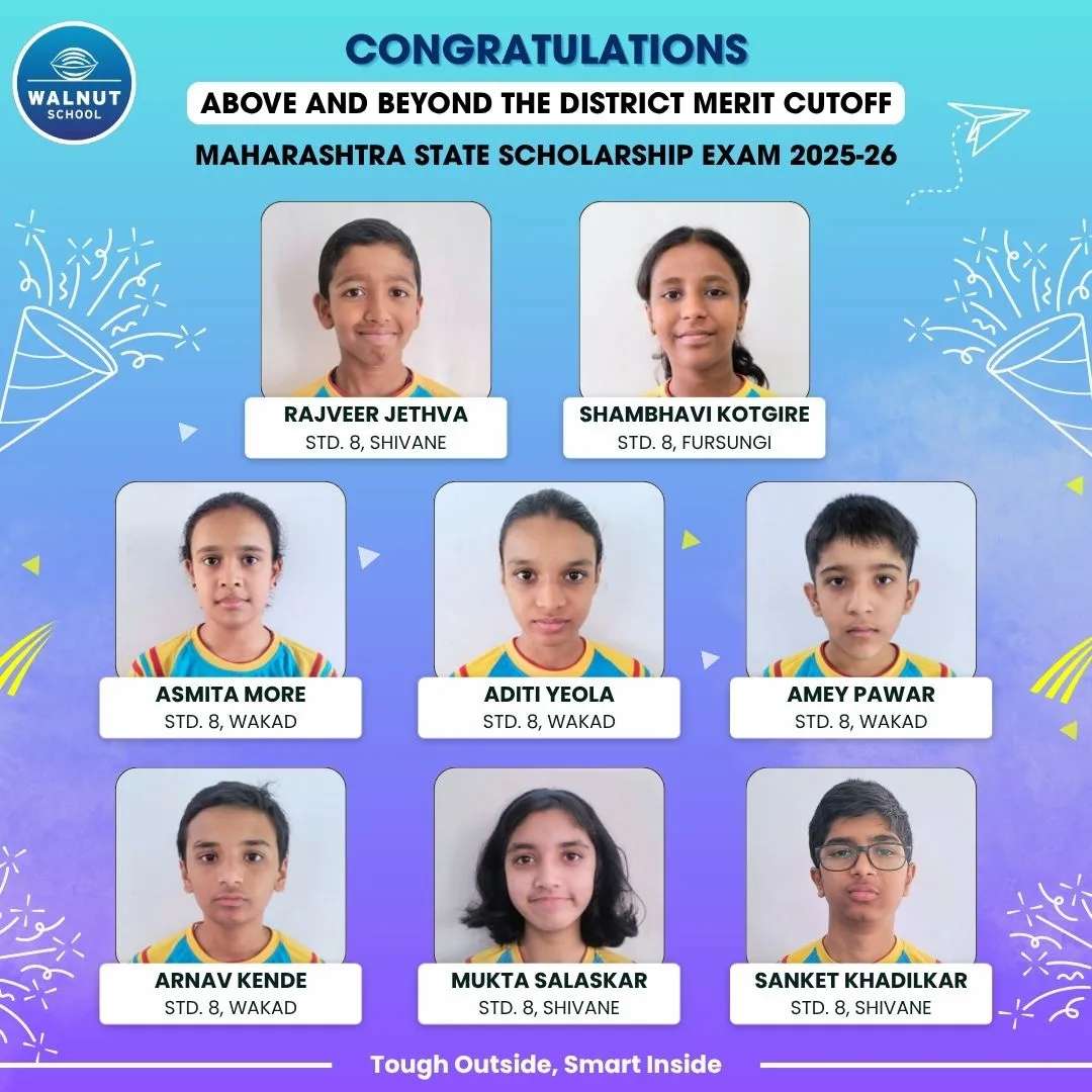 Walnut School Std. 8 students above the district cutoff in the Maharashtra State Scholarship Exam 2025–26 — Rajveer Jethva, Shambhavi Kotgire, Asmita More, Aditi Yeola, Amey Pawar, Arnav Kende, Mukta Salaskar and Sanket Khadilkar