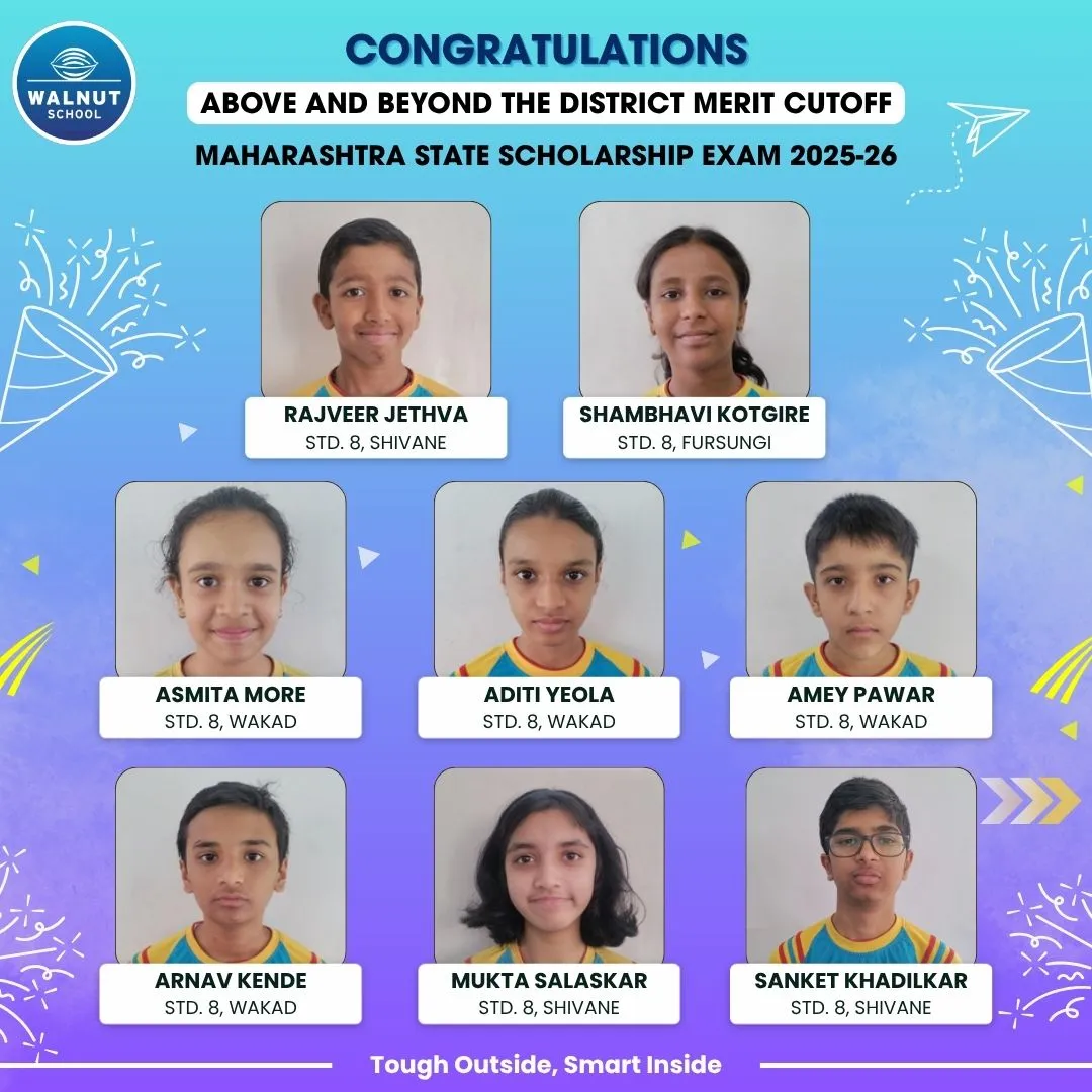 Walnut School Std. 8 students above the district cutoff in the Maharashtra State Scholarship Exam 2025–26 — Rajveer Jethva, Shambhavi Kotgire, Asmita More, Aditi Yeola, Amey Pawar, Arnav Kende, Mukta Salaskar and Sanket Khadilkar