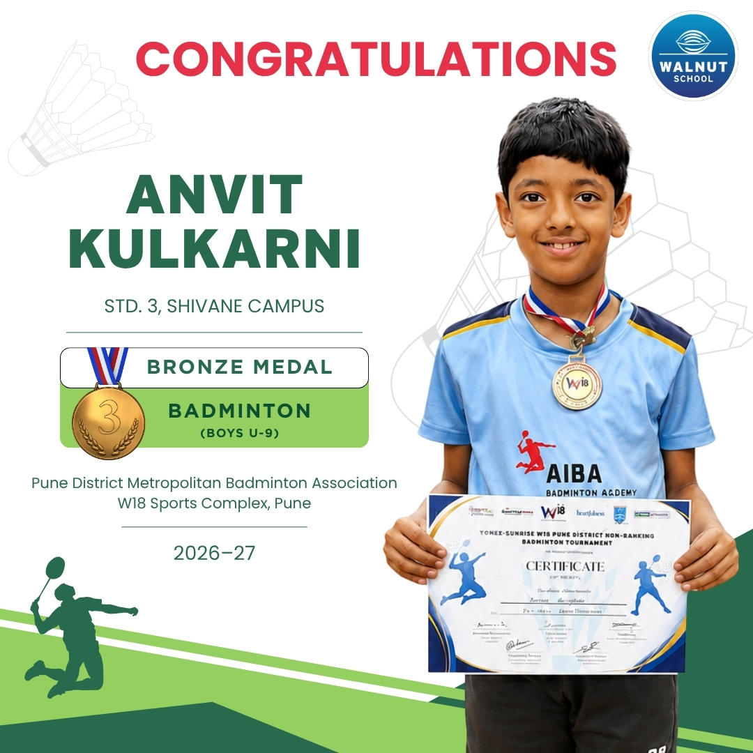 Anvit Kulkarni from Walnut School Shivane campus wins bronze in boys U-9 badminton at the Pune District Metropolitan Badminton Association Tournament