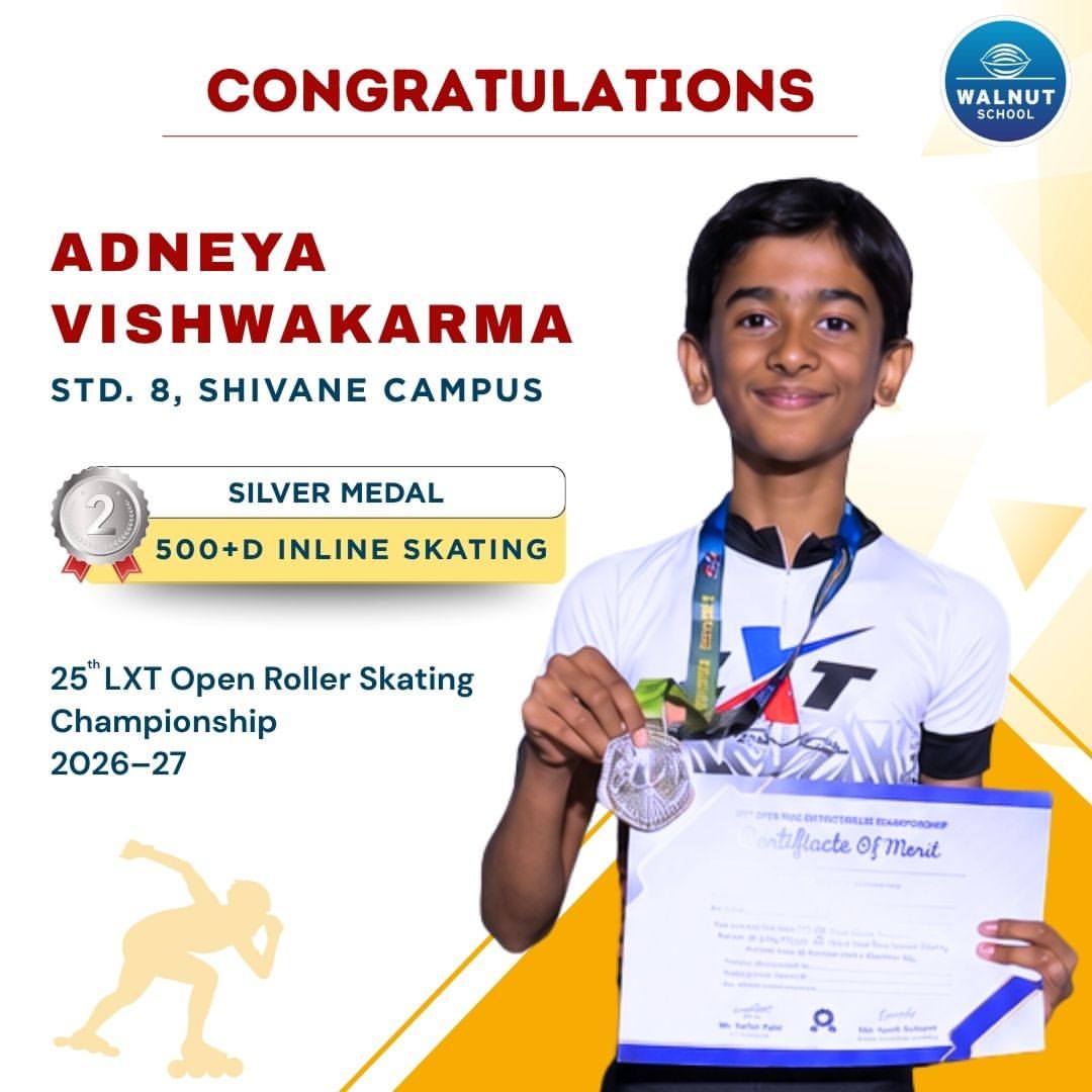 Adneya Vishwakarma from Walnut School Shivane campus wins silver in 500+D inline skating at the 25th LXT Open Roller Skating Championship