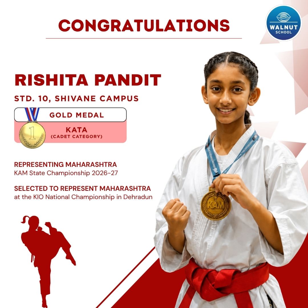 Rishita Pandit from Walnut School Shivane campus wins gold in Kata at the KAM State Championship