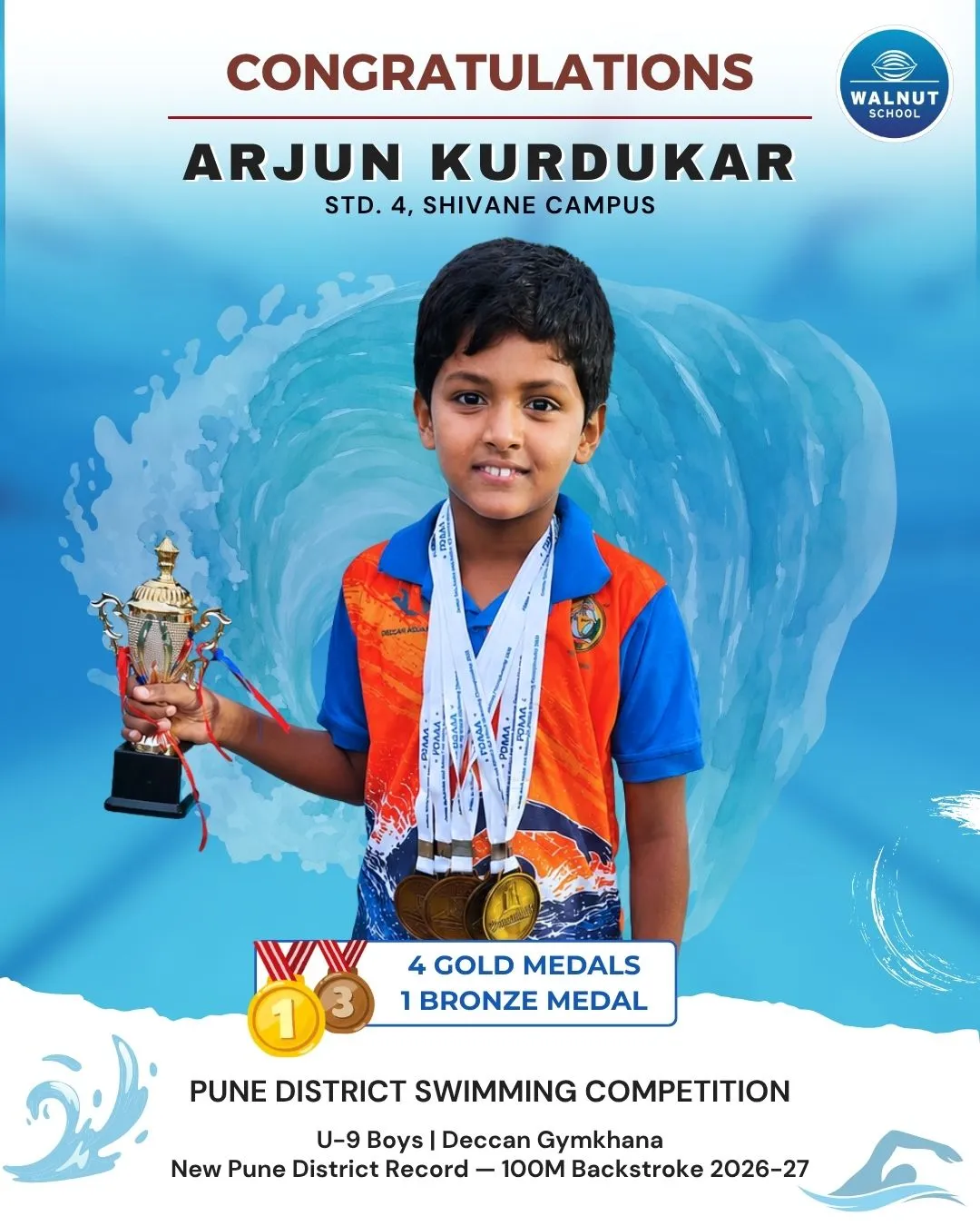 Arjun Kurdukar from Walnut School Shivane campus wins four gold medals and sets a new Pune district record in 100M backstroke at the Pune District Swimming Competition 2026-27