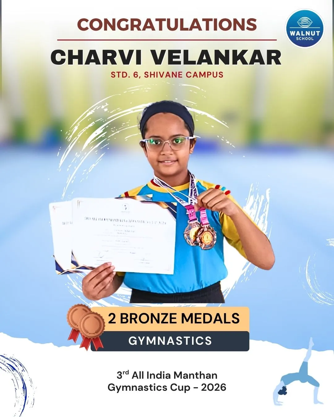 Charvi Velenkar from Walnut School Shivane campus wins two bronze medals at the 3rd All India Manthan Gymnastics Cup 2026