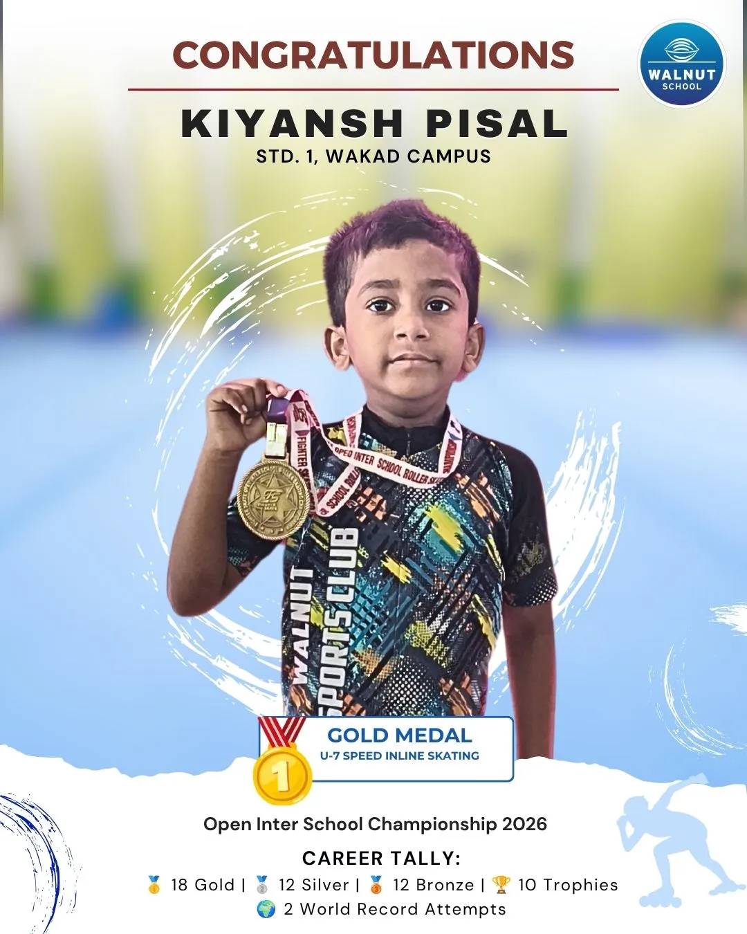 Kiyansh Pisal from Walnut School Wakad campus wins gold in U-7 speed inline skating at Open Inter School Championship 2026