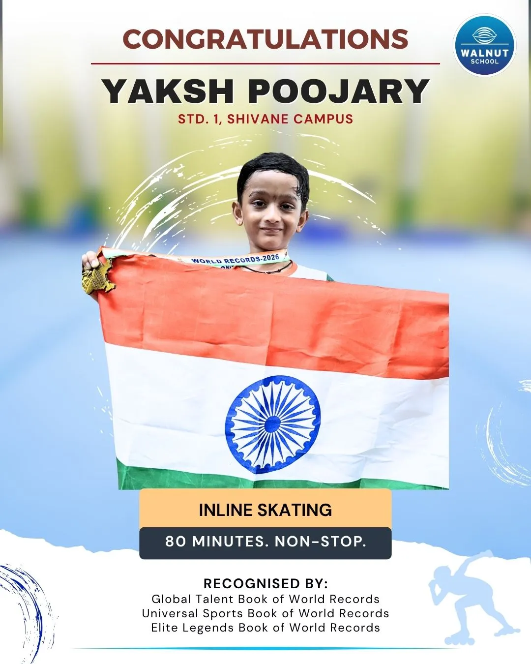 Yaksh Poojary from Walnut School Shivane campus recognised for 80-minute non-stop inline skating by three world record books