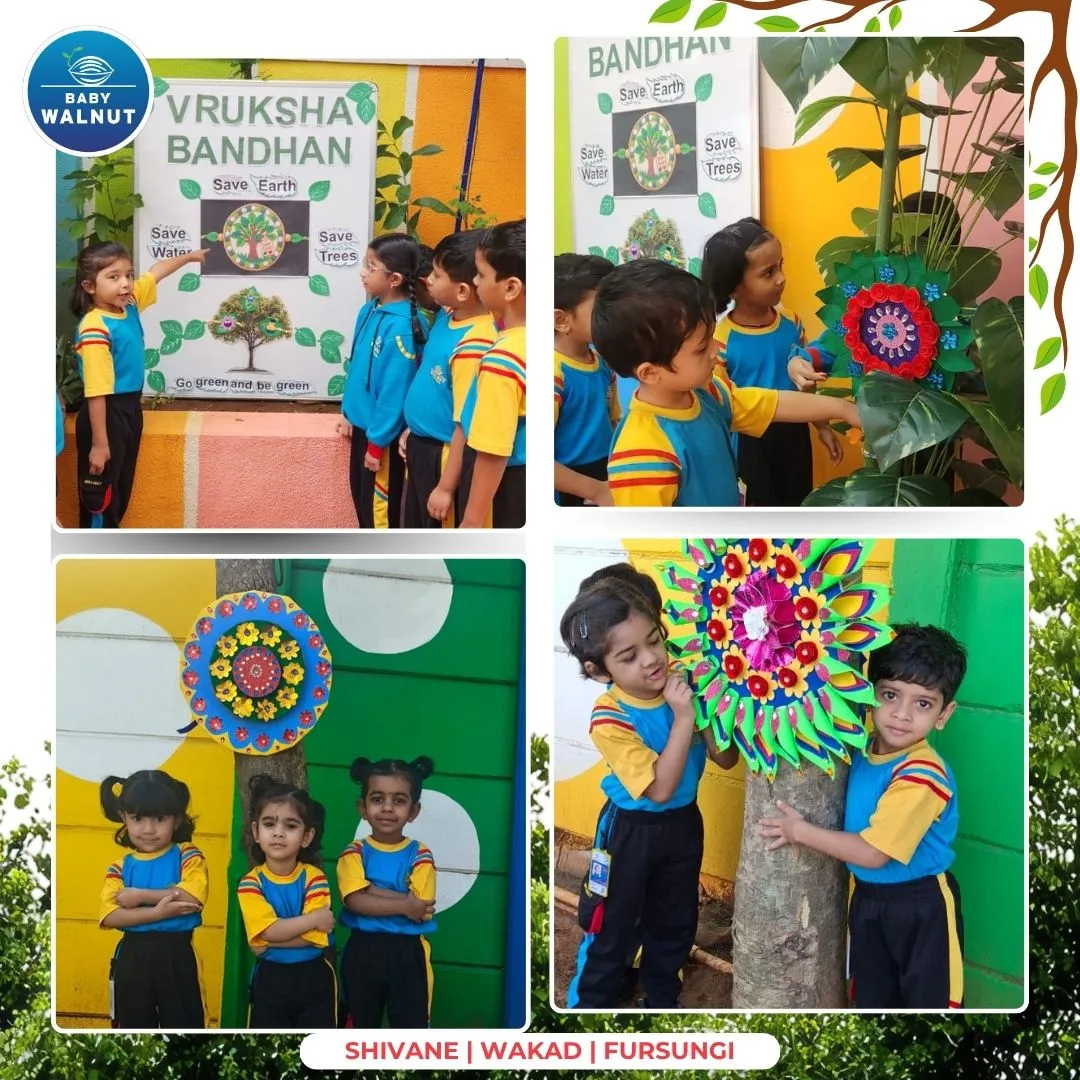 Baby Walnut children tying rakhi around a tree during Vrukshabandhan at Walnut School